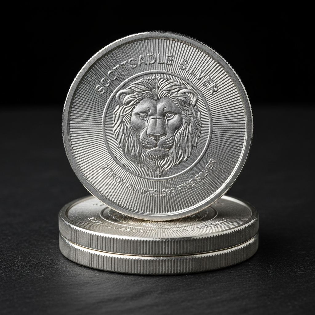 2 Ounce Scottsdale Stacker Silver Round stacked showing lion hallmark and .999 fine silver finish